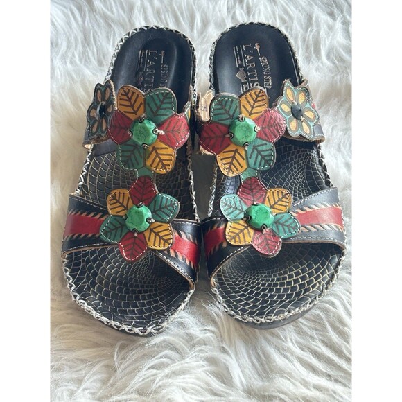 L'Artiste by Spring Step Size 40 Edrea Black Leather Wedge Sandals Floral - Picture 3 of 11
